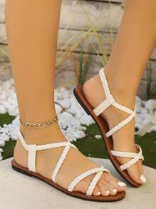 Sandalias planas para mujer, estilo romano de verano con puntera abierta, correa trenzada sin respaldo, calzado cómodo de verano para uso diario, diseño de puntera abierta a la moda, transpirable, sandalias casuales versátiles, adecuadas para cualquier atuendo en colores negro, blanco y marrón