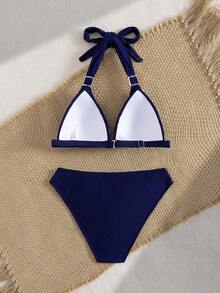 Conjunto de bikini de dos piezas con estilo europeo y americano nuevo para mujer, unicolor, lindo y sexy con espalda descubierta para playa y vacaciones de verano