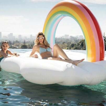 1pc Inflatable Rainbow Floating Bed, Adult Outdoor Swimming Pool Floating Mat, Photoshoot Prop Supports 2-4 People, Suitable For Pool Parties, Outdoor Water And Beach, Beach Essentials, Beach Accessories