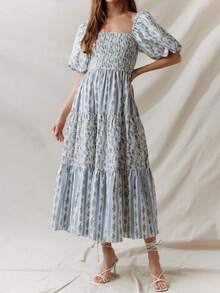 Women's Boho Floral Print Summer Dresses Square Neck Puff Sleeve A Line Long Dress Smocked Casual Maxi Dress Y2K Ruffle Tiered Beach Dresses - Màu xanh lam - Xem 1