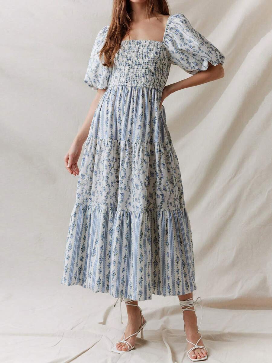 Women's Boho Floral Print Summer Dresses Square Neck Puff Sleeve A Line Long Dress Smocked Casual Maxi Dress Y2K Ruffle Tiered Beach Dresses - Màu xanh lam - Xem 1