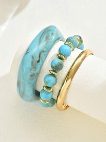 Set de 3 brazaletes asimétricos de resina con estampado geométrico y efecto tie dye, pulseras elásticas con cuentas y dijes para mujeres