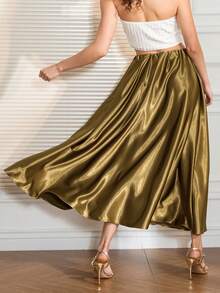 Women's Satin Long Skirts Luxury Elastic Waist Solid Color A-Line Skirts Flowy Midi Skirts - Yellow - View 6