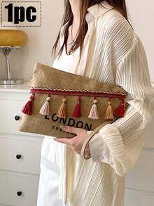 1 Pc Red Tassel Khaki Bag With "London Uk" Pattern, Bosnian Style, Tassel Linen Handbag, Storage Bag, Mother's Day Gift, Travel Convenience Bag, With Regional Tassel Style, Multifunctional Canvas Bag, Handbag, Coin Wallet, Charger Storage Bag, Men's And Women's Zipper Bag, Suitable For Girlfriends, Wives, Mothers - Multicolor - View 1