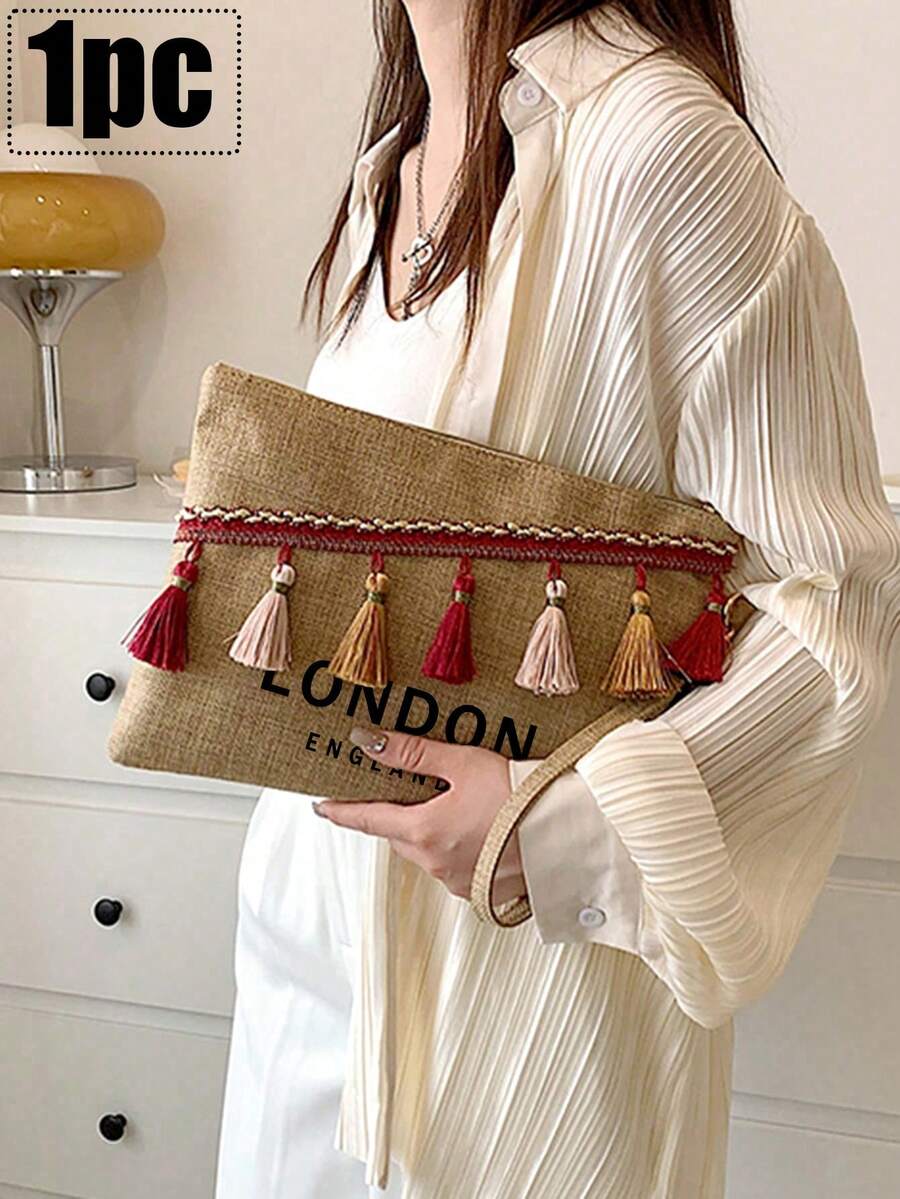 1 Pc Red Tassel Khaki Bag With "London Uk" Pattern, Bosnian Style, Tassel Linen Handbag, Storage Bag, Mother's Day Gift, Travel Convenience Bag, With Regional Tassel Style, Multifunctional Canvas Bag, Handbag, Coin Wallet, Charger Storage Bag, Men's And Women's Zipper Bag, Suitable For Girlfriends, Wives, Mothers - Multicolor - View 1