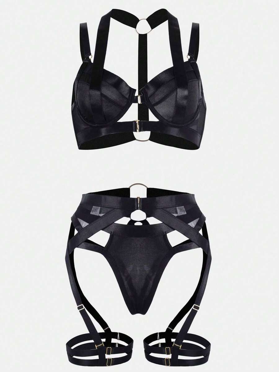 Bộ 3 món gợi cảm dành cho nữ, chất liệu lưới xuyên thấu, thêu họa tiết, gồm áo ngực và dây nịt. - màu đen - Xem 1