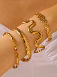 1pc Minimalist Fashionable Metal Polka Dot, Wavy Bamboo Joint Eyes Element Stainless Steel Bracelet For Women, Suitable For Parties And Daily Wear