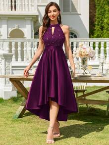 MIUSOL Halter Neck Sequin Floral Lace Contrast Satin High-Low Hem Evening Party Long Dress, Formal Evening Gown, Prom Dress, For Wedding Guest, Graduation, Dinner