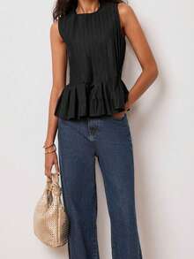 Womens Peplum Babydoll Tops Cute Pleated Sleeveless Ruffle Strap T Shirts Tank Summer Tops - 黑色 - 查看 2
