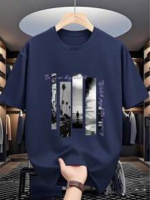 Men's Letter & Graphic Print Casual Versatile Short Sleeve T-Shirt, Summer - Navy Blue - View 1