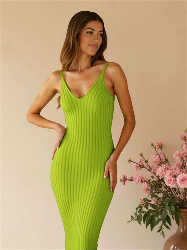 V-Neck Backless Strap Bodycon Dress, Sleeveless Midriff-Baring Fitted Knitted Midi Dress Camisole Slip Dress, Knit Tank Dress For Spring/Autumn