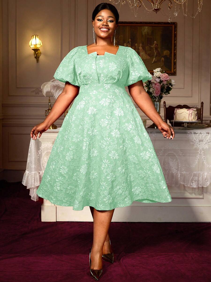 Jacqard A Line Party Dresses Square Collar Lantern Sleeves Elegant Wedding Guest Birthday Curve Women Back To School