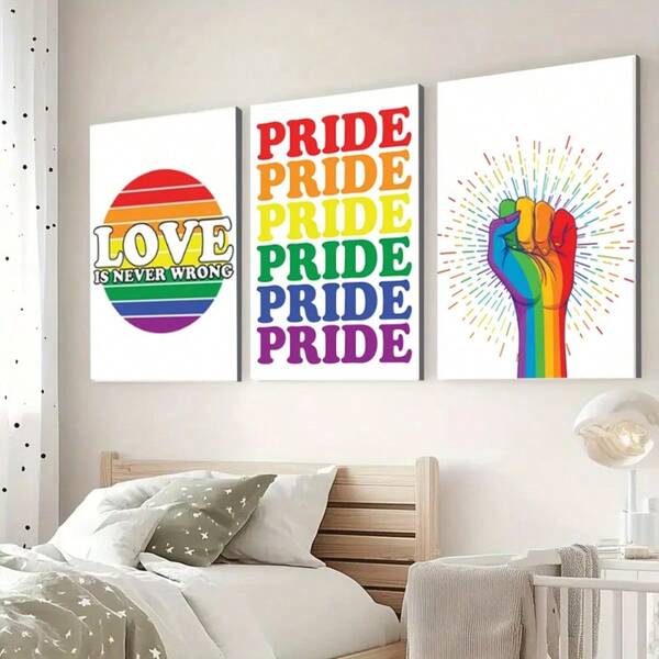 Juego de 3 carteles de lienzo con marco de madera, impresiones de arte de pared, pinturas modernas con citas de amor para decoración de sala de estar y dormitorio. Impresiones de cartel de bandera del arcoíris.