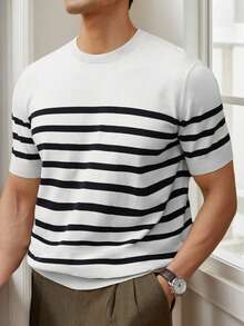 Men's Casual Black & White Striped Knit Short Sleeve T-Shirt - Black and White - View 2
