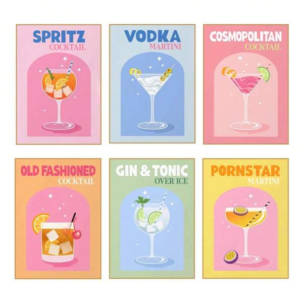 1 Stück minimalistisches Cocktail Poster und Drucke Wodka Gin Pornstar Martini Wandkunst Leinwandgemälde Wandbilder für Wohnzimmer Dekoration, wahlweise mit Rahmen