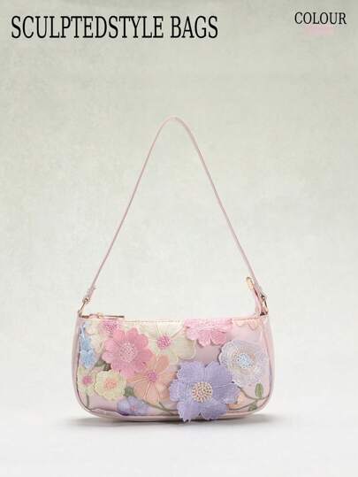1 pieza Bolso de hombro para axila de mujer con hermoso patrón de flor de malla bordada, diseño elegante adecuado para uso diario, vacaciones de verano en la playa y ocio (patrón floral aleatorio)