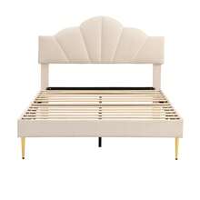 Flieks King Size Bed Frame, 5FT(150 * 200cm) Double Bed, Shell-Like Upholstered Double Bed With Golden Iron Legs & Height-Adjustable Headboard, Wooden Slatted Double Bed Frame - 米色 - 查看 11