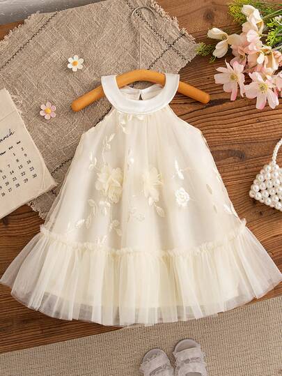 Summer Baby Girls Unique Floral Embroidery Solid Color Mesh Sleeveless Halter Neck Princess Dress, Elegant Thin Tulle Party Wedding Flower Girl Dress