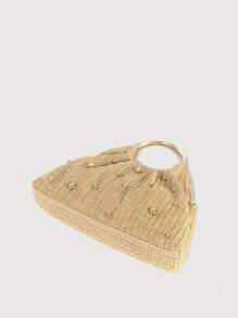 Bolso de mano de mujer de moda Talla S con decoración de remaches, bolso de paja fruncida, bolso tejido, bolso de asa superior para el verano