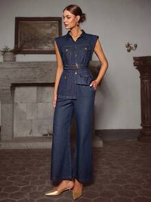 Sollinarry 女士休闲牛仔风纯色无袖上衣（带口袋）搭配系带长裤套装，宽松版型，建议选购小一码，适合工作和夏季度假穿着。 - 藏蓝色 - 查看 1