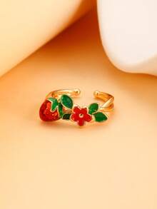 3/2/1pc Cute Metal Green Leaf, Red Cherry, Strawberry Rings, Suitable For Women's Daily/Holiday Wear