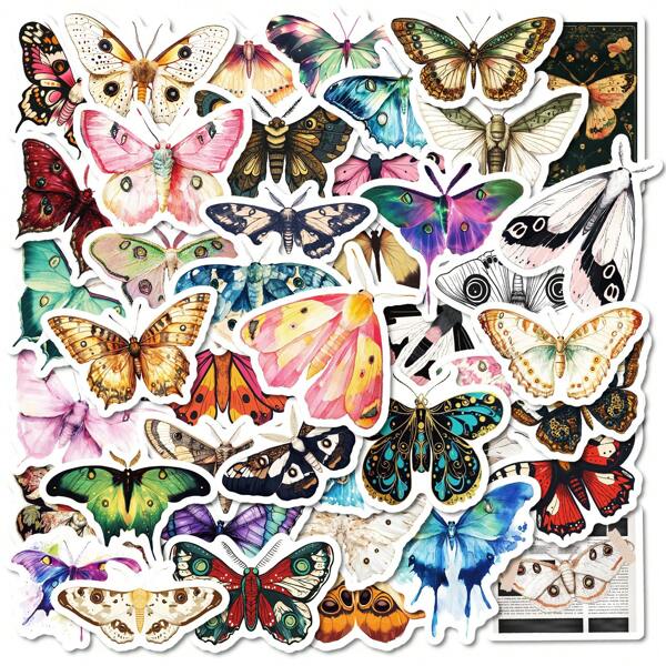 50 piezas Pegatinas retro de mariposas y polillas, pegatinas creativas y elegantes, pegatinas de polipropileno a prueba de agua y de colores, adecuadas para botellas de agua, patinetas, portátiles, diarios DIY, refrigeradores, equipaje