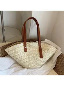 Large Women's Handbag New Simple Tote Bag, Casual Shoulder Bag Suitable For Shopping, Vacation, Straw Beach Bag, Fashion Travel Tote, Summer Outfits - Beige - View 2