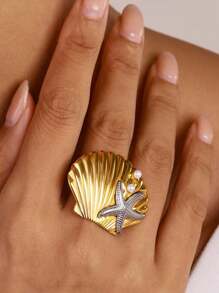 Bague minimaliste avec design d'étoile de mer et coquillage, bague de coquillage de palourde de plage, bague de style ajustable ouverte pour femmes