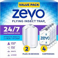 Zevo Flying Insect Trap & Cartridge - Plug In Fly Trap & Indoor Bug Catcher For Gnats, House & Fruit Flies - Mess-Free - Use In Any Room - Uses Blue & UV Light (1 Plug In Device & 1 Cartridge) - 2 Devices & 4 Cartridges - View 1