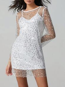 Women's Flash Mini Dress Long Sleeved Round Neck Sequined Dress Two-Piece Set - White - View 4