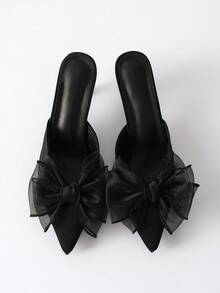 Women Bow Decor Point Toe Pyramid Heeled Mule Pumps, Fashion Outdoor Pumps Valentines Winter Gifts - Black - View 9