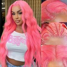 30 Inch Pink Wig Human Hair 150% Density Colored Wigs Human Hair With Natural Hairline Body Wave Pink Lace Front Wig Human Hair Pre Plucked 13x4 HD Transparent Lace Frontal Wigs - Pink - View 2