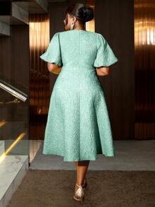 Women Plus Size Rose Jacquard Flared Puff Sleeve A-Line Graduation Dress, Suitable For Commuting, Elegant Cocktail Semi Formal Prom Dress, For Birthday, Wedding Guest, Graduation, Dinner, Homecoming