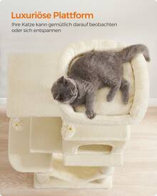 Kratzbaum, 112 cm hoch, Katzenbaum, mehrstöckiges Katzenhaus, mit 4 Kratzsäulen, 2 Plattformen, Hängematte, Höhle, beige - Beige - Übersicht 2
