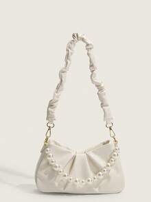 百搭时尚白色褶皱云朵钱包配珍珠链腋下单肩包，斜挎通勤手提包，适合女士 - 白色 - 查看 2