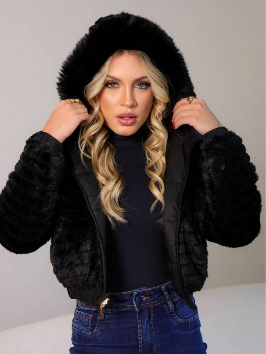 Women's Double-Sided Purffer JacketNylon Plush - Black - View 1