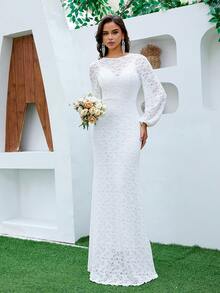 Vestido de Noiva Feminino de Gola Redonda, Mangas Longas, Mangas Trompete, Alças Largas Costas Abertas, Comprimento até o Chão, Vestido de Festa Elegante