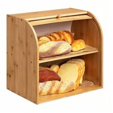 Bread Bin 2 Tiers Double Layer Box Slide Roll Top Food Storage Rack Home Kitchen With A Food Clip - Wood Color - View 4