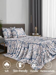 Bộ ga trải giường họa tiết hoa Paisley cổ điển màu xanh xám 4 món, 1 ga trải giường vừa vặn & 1 ga trải giường phẳng & 2 vỏ gối Bộ bảo vệ nệm (Không bao gồm lõi gối) Bộ ga trải giường vừa vặn sang trọng cỡ King Queen cỡ Twin Túi sâu lên đến 11,8 inch Vỏ gối, mềm mại, thoáng khí, không nhăn, tốt hơn cho giấc ngủ, phong cách khách sạn sang trọng, quà tặng cho bố mẹ bạn bè Bộ ga trải giường kiểu trang trại - Màu xanh bụi bặm - Xem 2