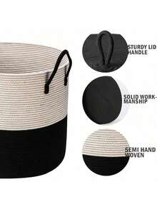 115L Extra Large Blanket Basket With Lid,Blanket Storage For Living Room,Large Woven Storage Basket,Laundry Basket Rope Basket Round,Wicker Basket With Lid,Black 21" X 21" X 18" - Black - View 4