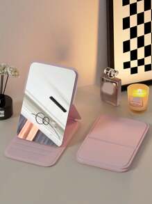 1pc Foldable Portable Makeup Mirror With Stand, Travel Mirror, Beauty Tool, Tabletop Vanity Mirror, Polyurethane Leather Small Mirror, Minimalist PU Leather Design, Compact Folding Travel Makeup Mirror, Travel Essential, Bedroom, Dorm Necessity, Ladies/Girls Gift, Christmas/Birthday Present, Bohemian Style
