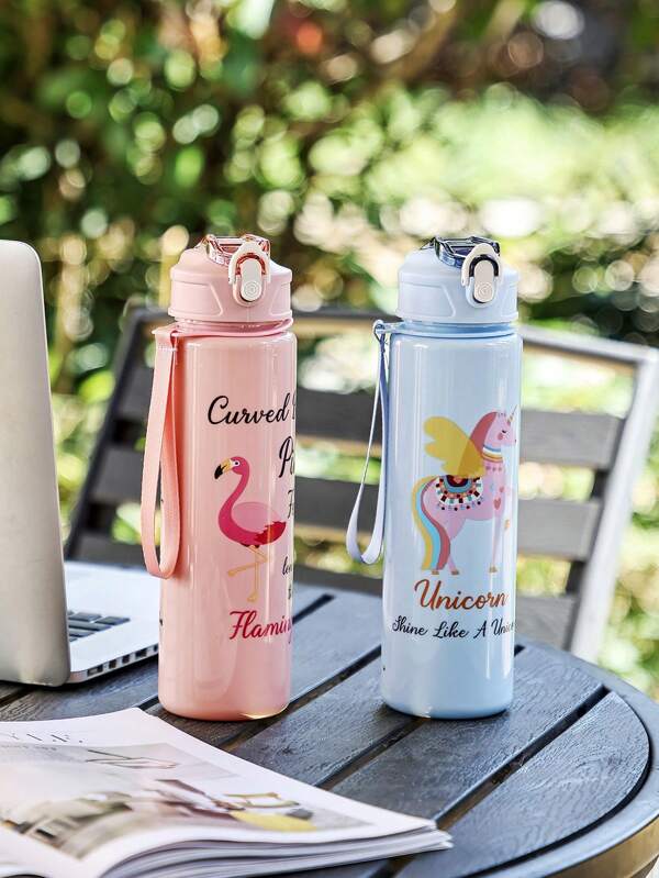 (Suitable For Boys And Girls, 4 Patterns Available) Student Water Bottle, Suitable For Kindergarten, Drink Monitoring. With Measuring Cup. 1pc Water Bottle - 800ml, Straw Cup, With Handle Strap, Leak-Proof, Anti-Drop, Portable - Suitable For Travel, Outdoor Activities