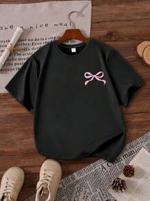 Ensemble de vêtements pour fille ado 2 pièces/set - T-shirt à manches courtes avec imprimé nœud papillon et pantalon évasé, pour le printemps/été