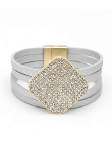 朋克风格宽边 PU 皮革超大水晶方形袖口手链女士 - 黑色 - 查看 2