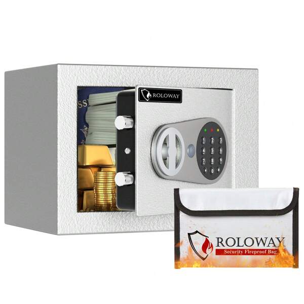 ROLOWAY [Limited Time Offer]0.24 Cubic Feet Heavy Duty Steel Security Safe Box - Fireproof & Anti-Theft Money Safe For Home With Digital Lock, Jewelry & Document Protection (Green/White)