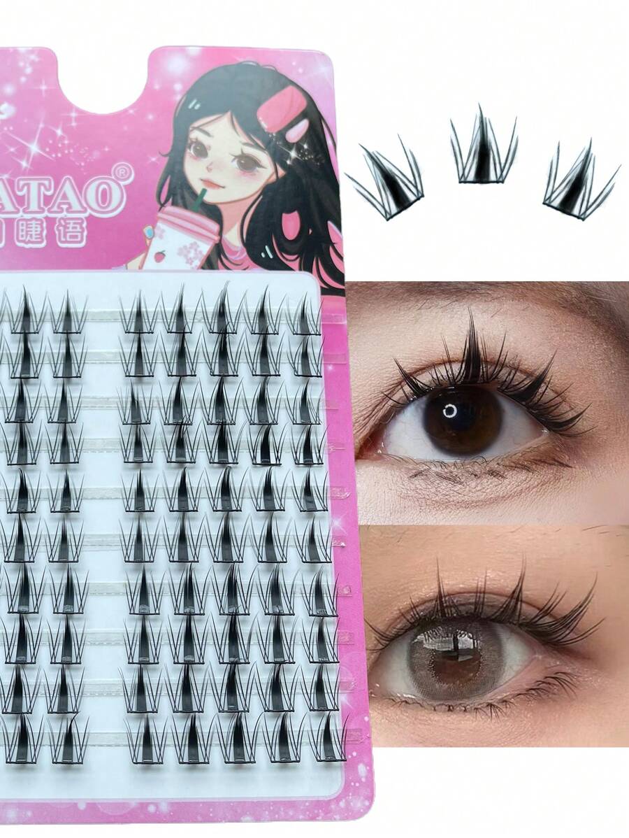 10 filas, 100 piezas de pestañas postizas en forma de oreja de trigo puntiaguda con tallo negro delgado, estilo muñeca gruesa, estilo diablo natural simulado