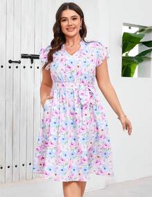 Women's Plus Size Summer Floral Midi Dress V-Neck A-Line Dress Ruffled Cap Sleeves Belt Dresses With Pocketed Casual Outfit - 紫色 - 查看 2