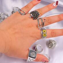 10pcs/Pack Vintage Gothic Punk Style Rings, Skull Animal Eye Open Ring, Unisex, Versatile, Suitable For Parties & Jewelry Gifts