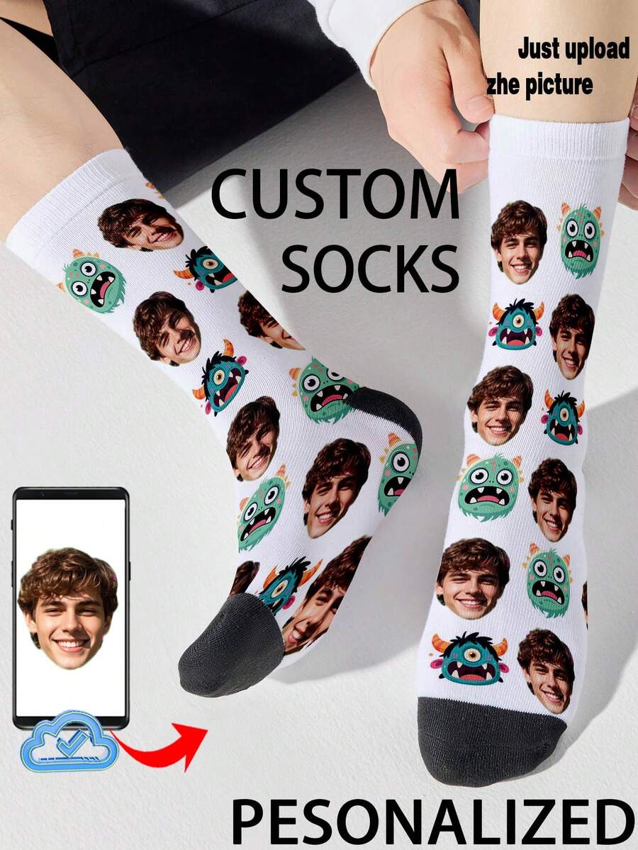 1 Pair Of Customized Crew Socks,Custom Face Socks, Couple Socks,Custom Photo Sock, Custom Printed Socks, Personalized Funny Face Socks, Custom Picture Socks, Put Any Face On The Socks, Anniversary Gift, Valentine Gift, Birthday Gift - Multicolor - View 1