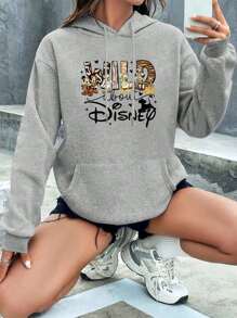 Disney Disney Authorized, Mickey Mouse Cartoon Letter Print Hooded Women's Sportswear, Sweet And Gentle Temperament Slim Fit Comfortable Hooded Sportswear, Suitable For Daily Casual Wear, Women's Hooded Sportswear, Disney Collaboration